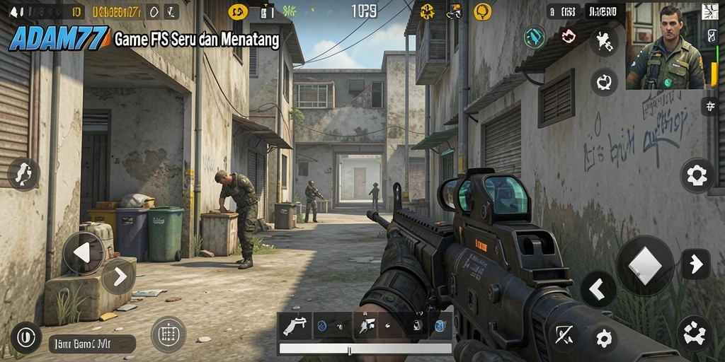 Tangkapan layar ADAM77 menampilkan aksi gameplay FPS yang mendebarkan.