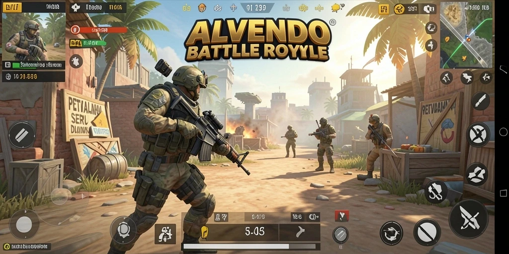 Tangkapan layar utama ALVENDO menampilkan pertempuran yang intens dalam gameplay Battle Royale.