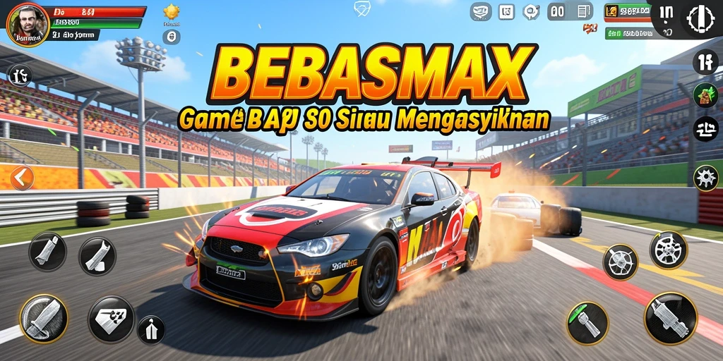 Screenshot utama BEBASMAX menampilkan aksi balap yang mendebarkan.