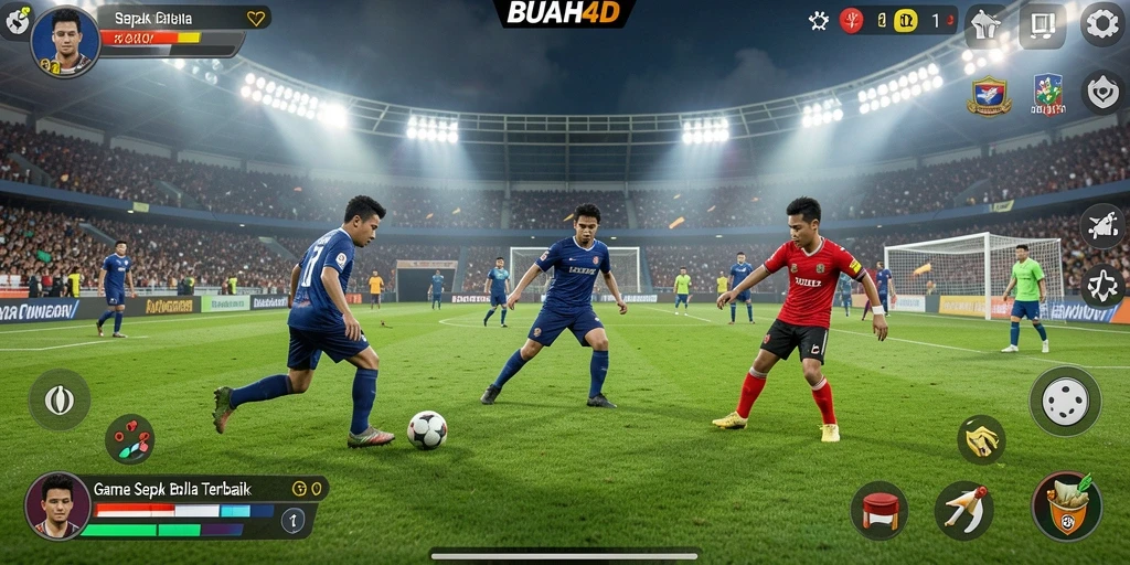 Tampilan gameplay menegangkan dari BUAH4D saat pertandingan sepak bola berlangsung.