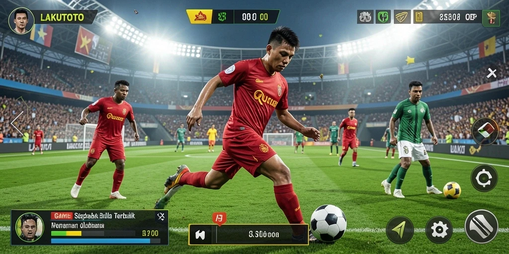 Screenshot utama LAKUTOTO menunjukkan aksi seru dalam pertandingan sepak bola.