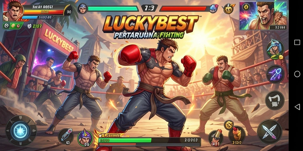 Tangkapan layar utama LUCKYBEST menampilkan pertarungan epik antar karakter.