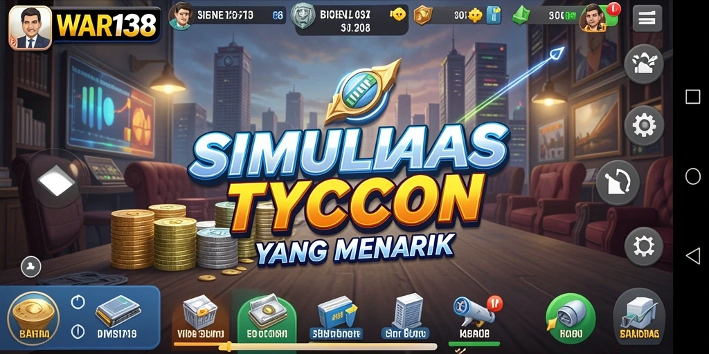 Tangkapan layar utama gameplay WAR138 yang menggambarkan simulasi bisnis.