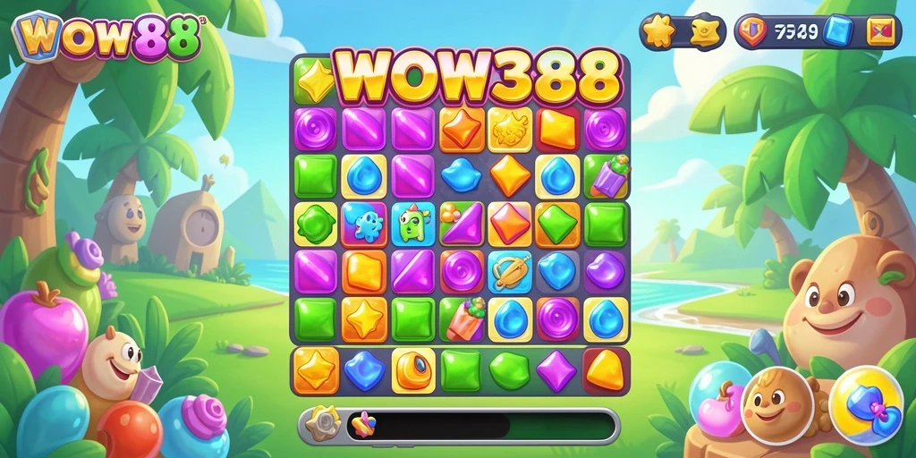 Screenshot gameplay <strong>WOW388</strong> dengan aksi Match-3 yang seru.